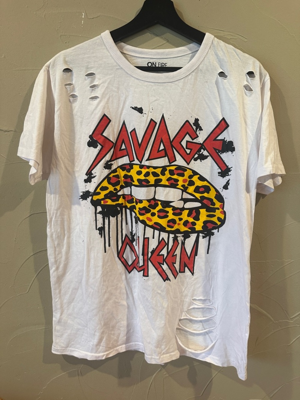 On Fire White Tee with Red 'Savage Queen' Text and Yellow Leopard Lips